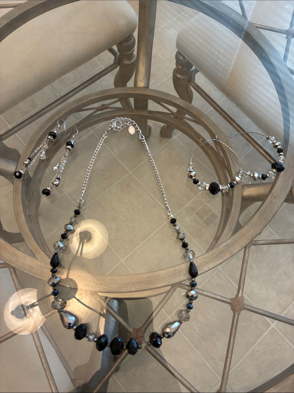 Black and Silver Beaded Necklace and Earring Set